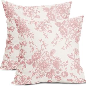 Kawani Pink and Cream Floral Pillow Covers 22×22 Inch Set of 2 Vintage Throw Chinoiserie Flower Pillowcases Farmhouse Cotton Linen Cushion for Couch Bed Sofa Chair Home Decor
