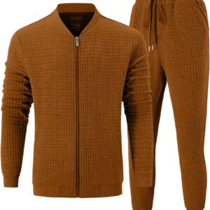 UOUA Men’s Tracksuit 2 Piece Sets Casual Sweatsuit with Full Zip Athletic Jogging Suits Waffle Plaid Jacquard Outfits