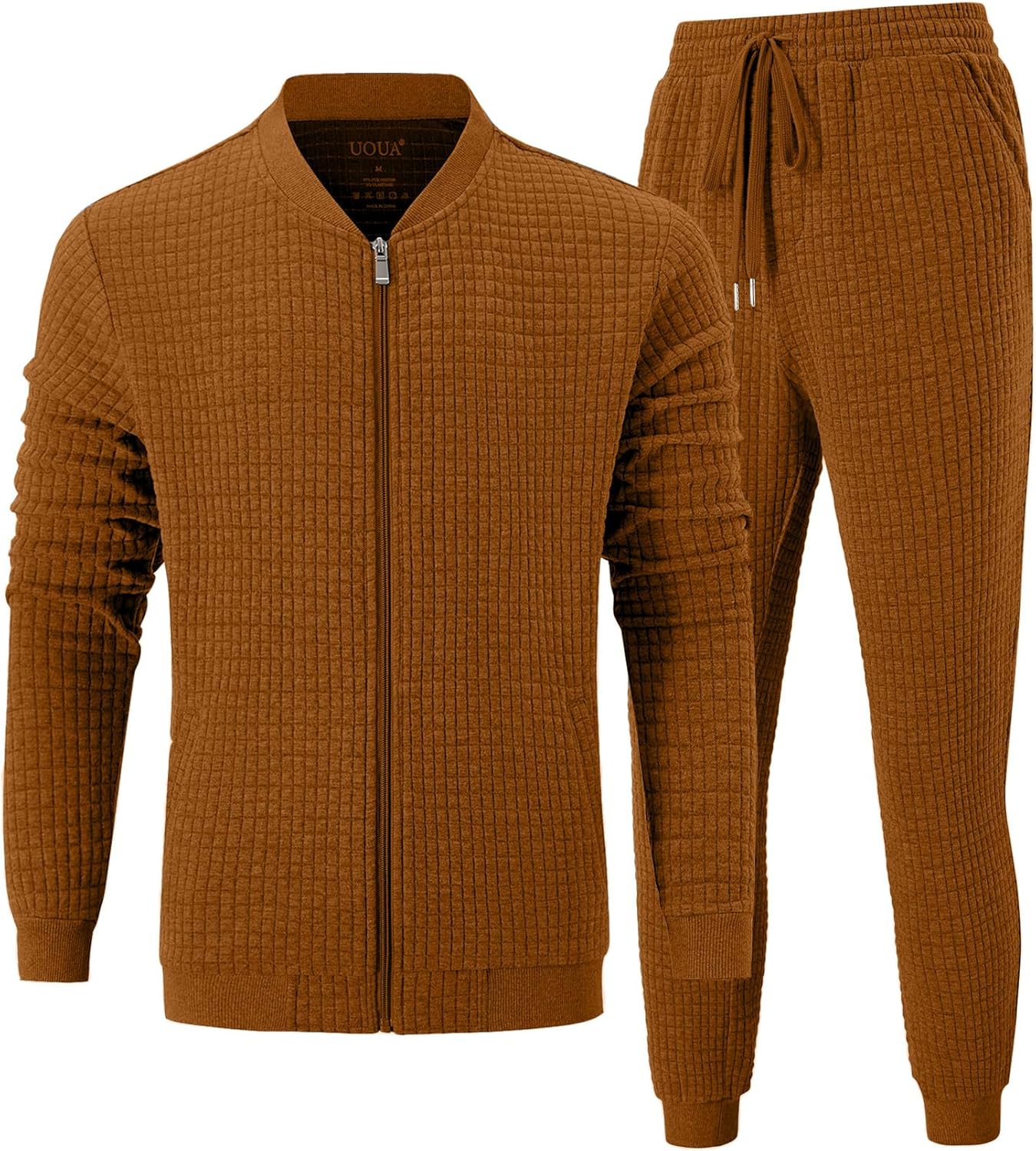 UOUA Men's Tracksuit 2 Piece Sets Casual Sweatsuit with Full Zip Athletic Jogging Suits Waffle Plaid Jacquard Outfits - Image 2