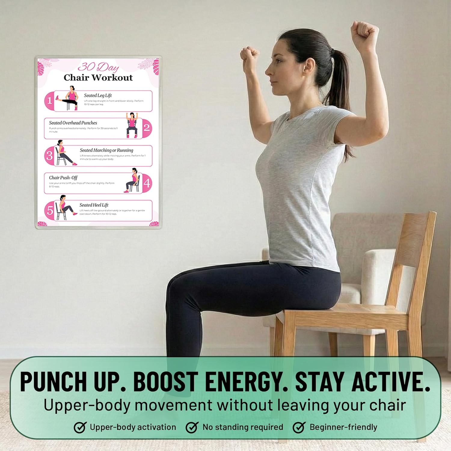 Chair Yoga & Tai Chi Poster for Seniors & Beginners - Set of 6 Laminated Charts - Gentle Seated Exercises for Stiffness, Joint Pain & Stress Relief - Easy to Follow 30-Day Challanges Home Workout Guide - Image 5