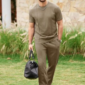 JMIERR Mens 2 Piece Sets Short Sleeve Shirts and Loose Pants Summer Textured Suits