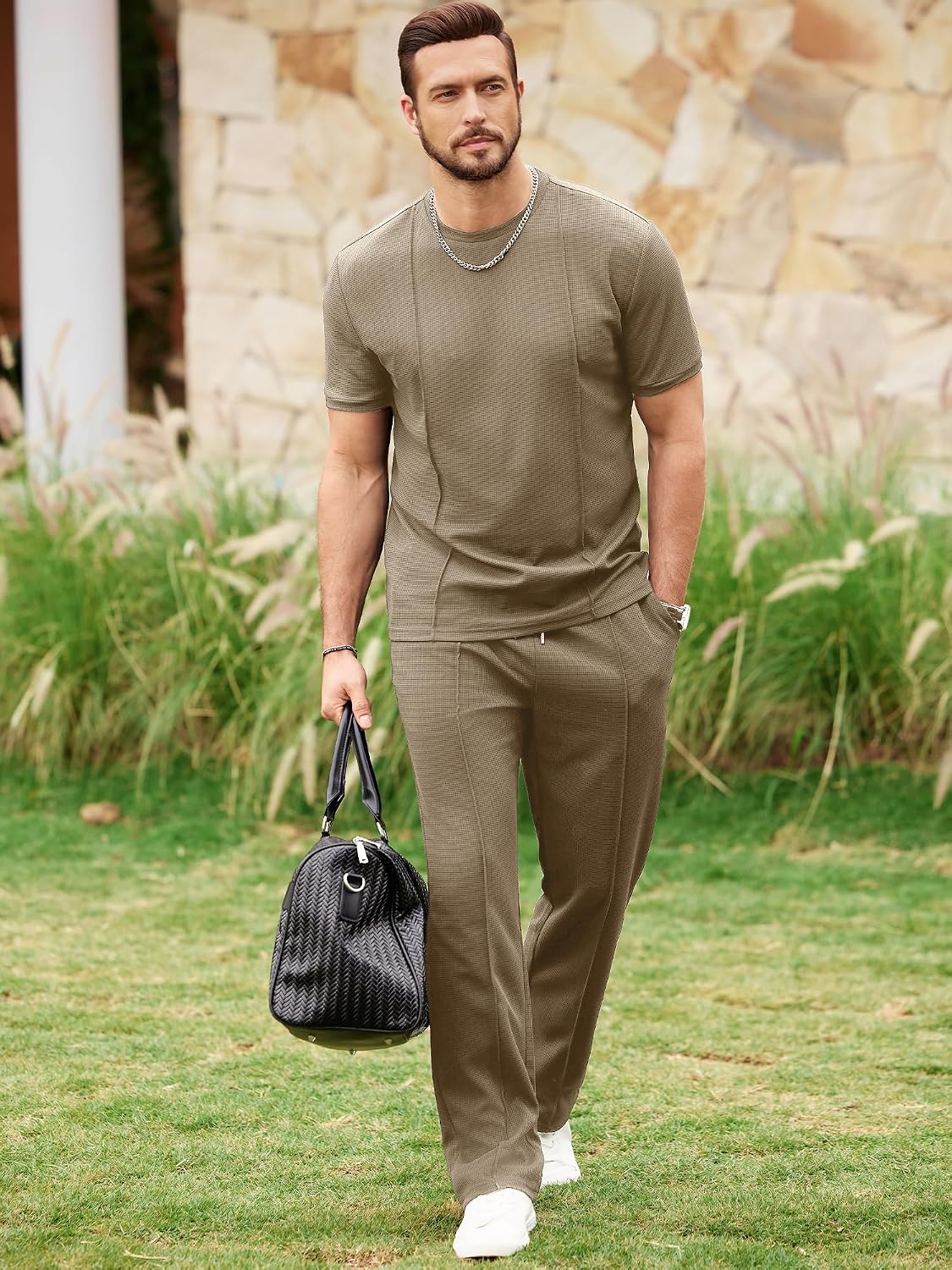 JMIERR Mens 2 Piece Sets Short Sleeve Shirts and Loose Pants Summer Textured Suits - Image 2