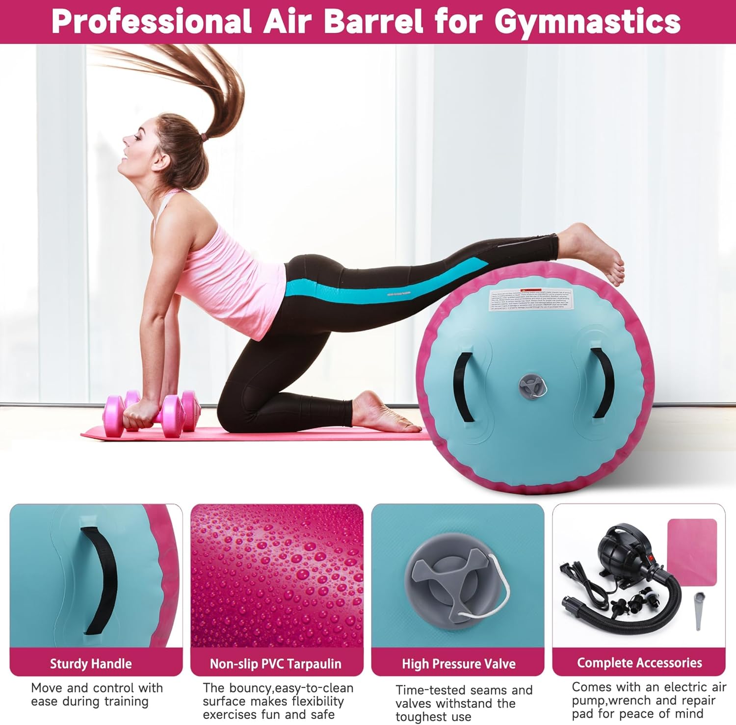 Air Barrel - Air Roller Gymnastics Barrel for Back Handspring Trainer, Air Tumble Mat with Pump for Gym Training/Yoga Balance Exercise/Cheerleading/Home and Outdoor Use - Image 2