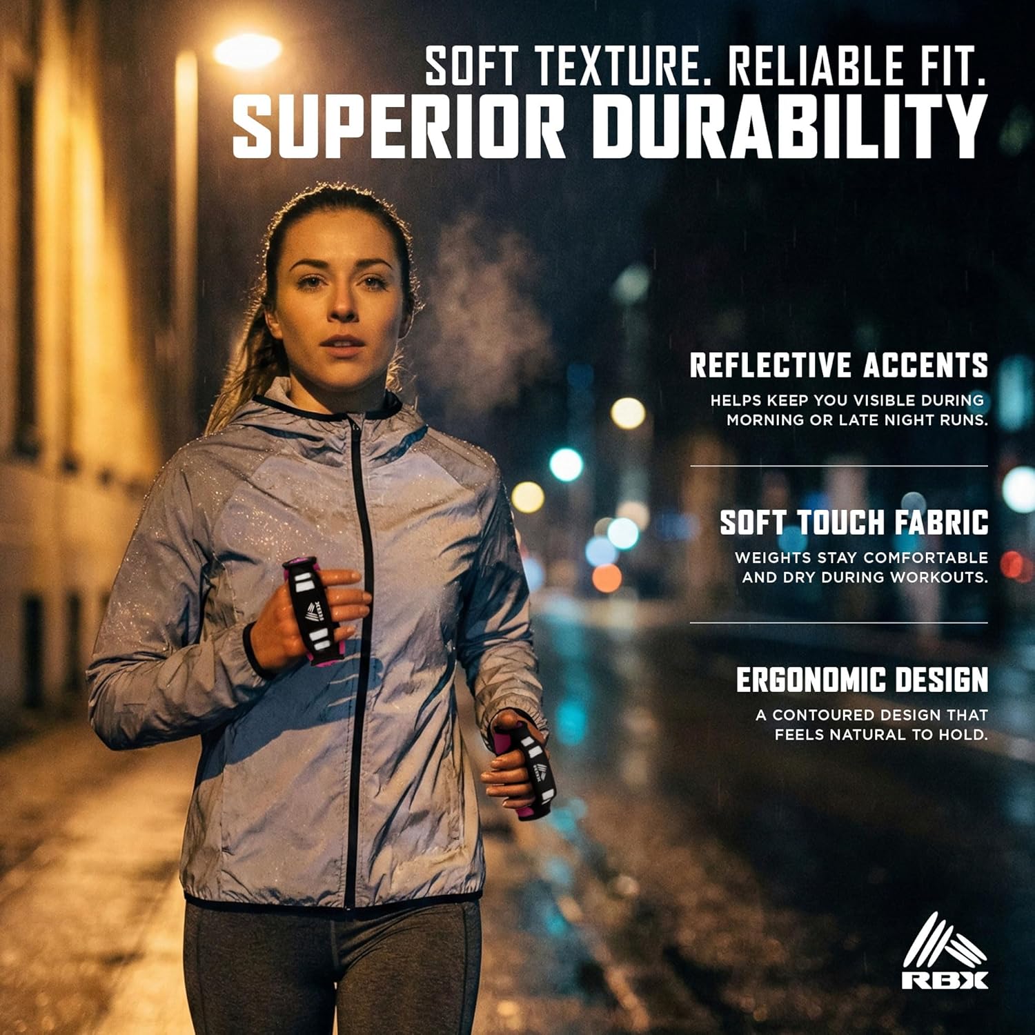RBX 2lb Walking Weights Pair (1lb Each), Soft Hand Weights with Reflective Safety Straps, Ergonomic Grip & Breathable Fabric, Add Resistance to Walking, Jogging & Aerobics - Image 3