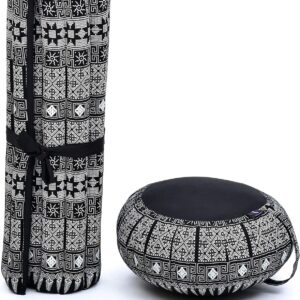 Leewadee Meditation Cushion Set – 1 Round Zafu Meditation Pillow and 1 Square Roll-Up Zabuton Meditation Mat, Pillows Bundle Filled with Kapok