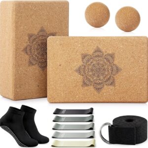 Outus 2 Pcs Yoga Accessories Cork Yoga Blocks Set 2 Cork Fascia Balls 5 Gray Gradient Series Resistance Bands 2 Black Socks and Balck Stretching Strap for Women Pilates, Stretching and Toning