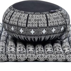 Leewadee Meditation Cushion Set – 1 Round Zafu Meditation Pillow and 1 Square Roll-Up Zabuton Meditation Mat, Pillows Bundle Filled with Kapok
