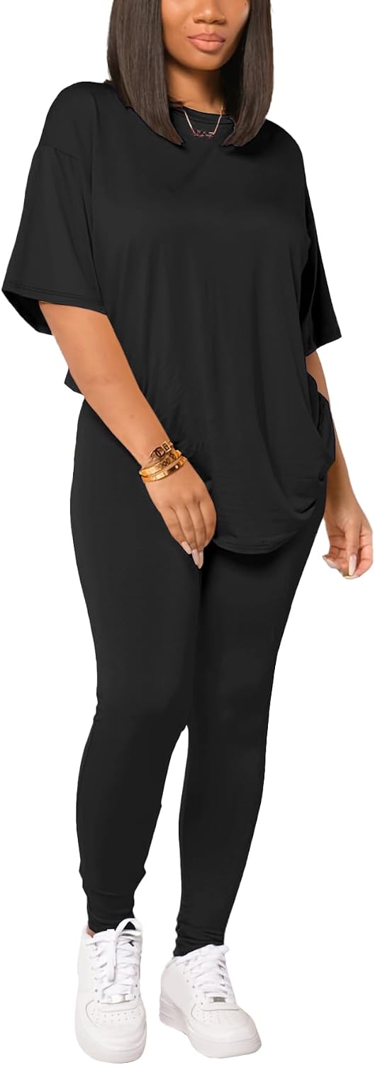HBQ Women 2 Piece Outfits Summer Sweatsuits Drop Shoulder Tracksuits Biker Short Workout Jogger Sets - Image 2