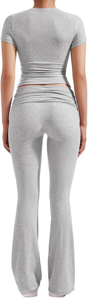 ZFLM Casual Workout Two Piece Outfits for Women Short Sleeve Crop High Waist Foldover Flare Pants Tracksuit Sets Streetwear - Image 3
