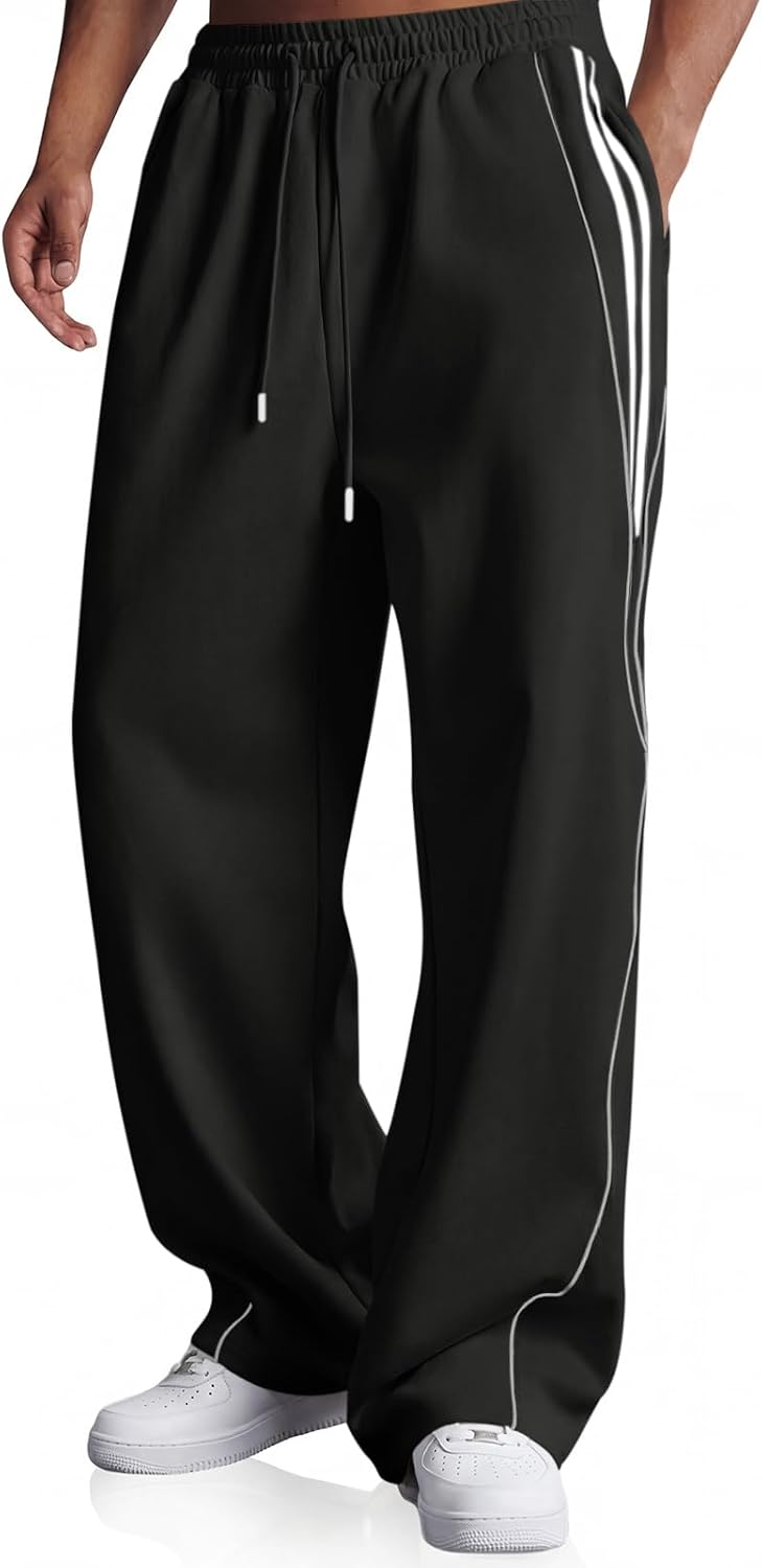 Runcati Mens Baggy Sweatpants Wide Leg Open Bottom Drawstring Elastic Waist Striped Trousers Workout Y2K Track Pants