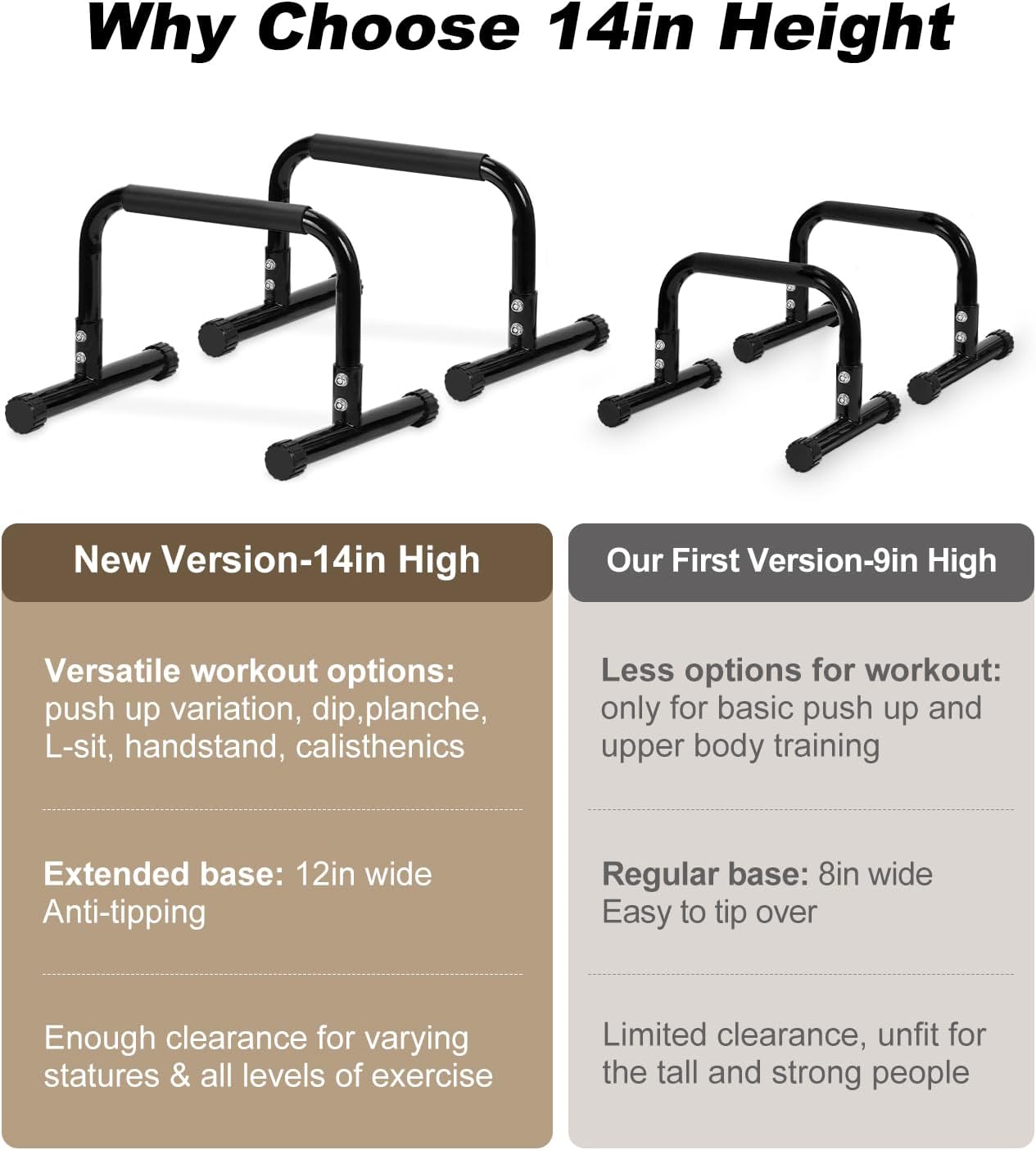 TABEKE Push Up Bar, 14'' High Steel Parallettes & Dip Bar with Full Coverage Foam Handle, Heavy-Duty Calisthenics Parallel Bars for L-Sit, Dips, Home Gym Strength Training Workout - Image 3