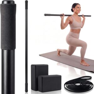4 Pcs Adjustable Yoga Stick (30/45/60 In) with Exercise Strap Yoga Blocks Exercise Rod Workout Staff 60 Inch Sturdy Carbon Steel Stretching Stick with Non Slip Ends for Physical Pilates