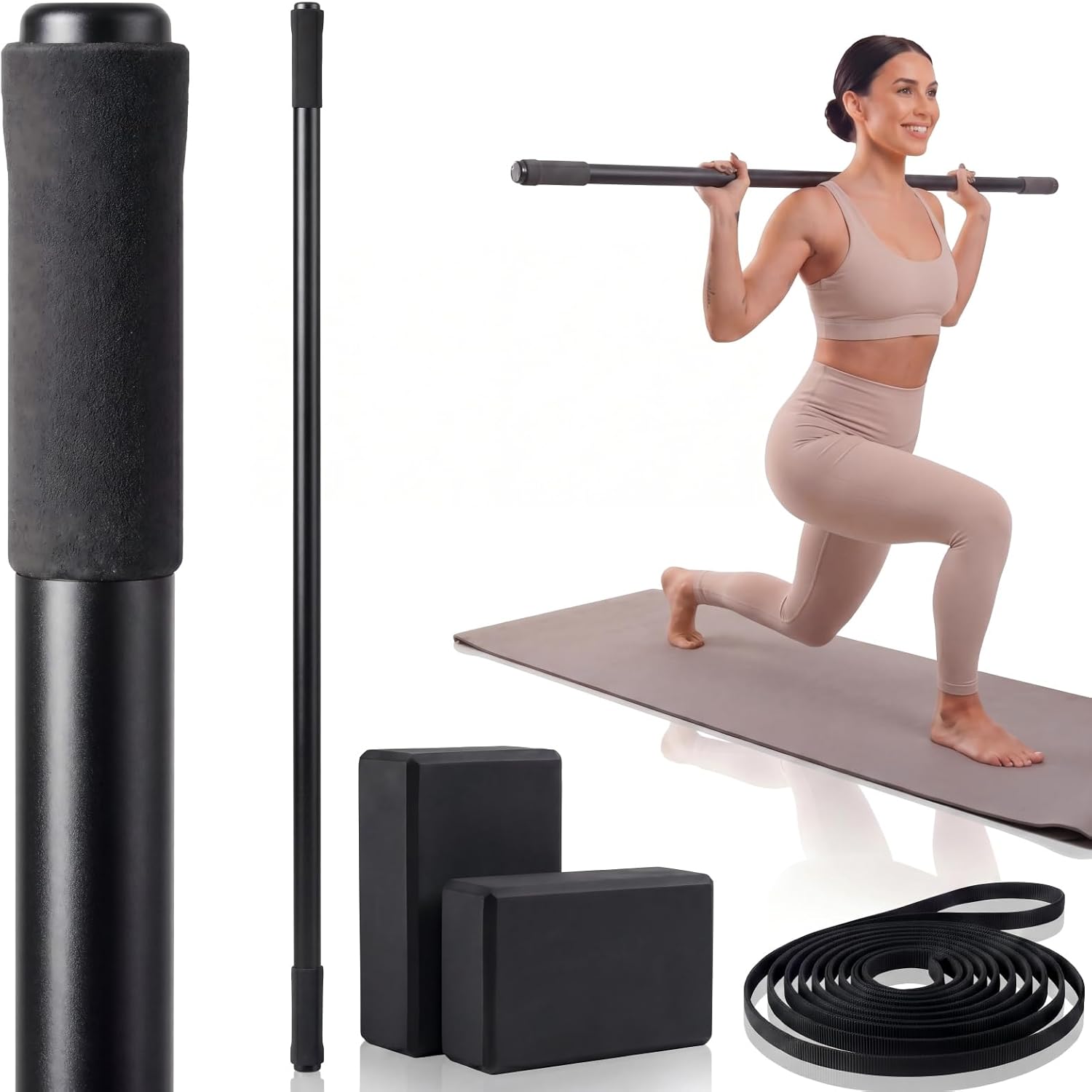 4 Pcs Adjustable Yoga Stick (30/45/60 In) with Exercise Strap Yoga Blocks Exercise Rod Workout Staff 60 Inch Sturdy Carbon Steel Stretching Stick with Non Slip Ends for Physical Pilates