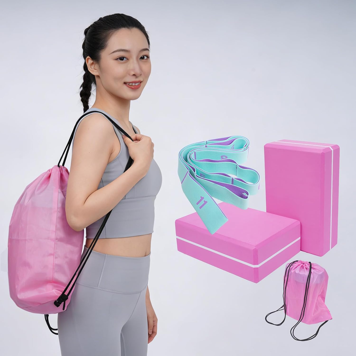 High Density Yoga Blocks 2 Pack with 11 Loops Stretch Band, 350g Non-Slip Foam Exercise Bricks for Pilates & Dance, Pink Gym Accessories with Carry Bag for Flexibility, Balance & Rehab Training - Image 2