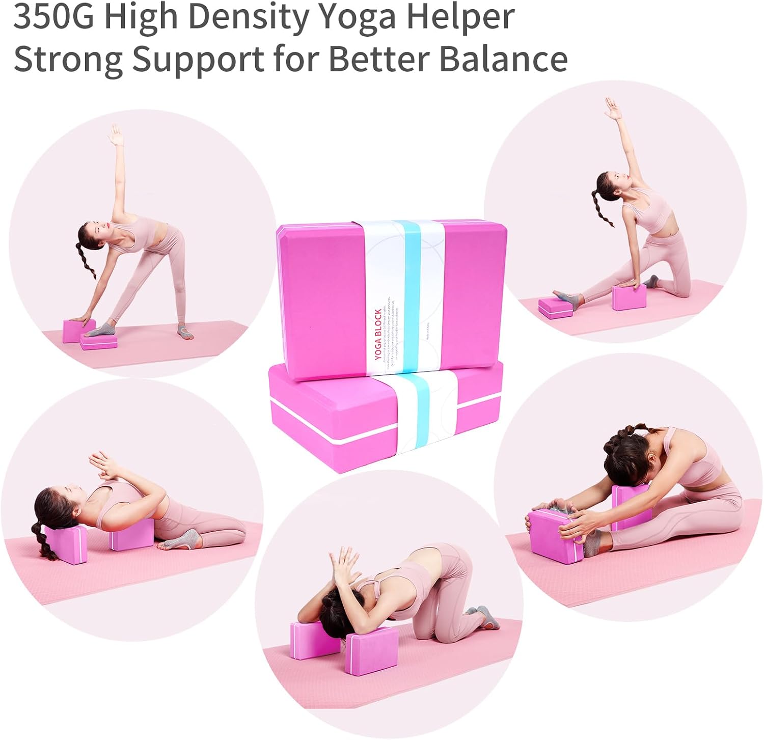 High Density Yoga Blocks 2 Pack with 11 Loops Stretch Band, 350g Non-Slip Foam Exercise Bricks for Pilates & Dance, Pink Gym Accessories with Carry Bag for Flexibility, Balance & Rehab Training - Image 5