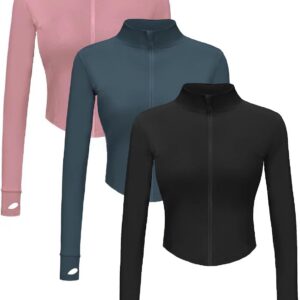 Dalavch 3 Pack Womens Cropped Full Zip up Workout Jacket Slim Fit Running Athletic Gym Yoga Sports Jacket with Thumb Holes