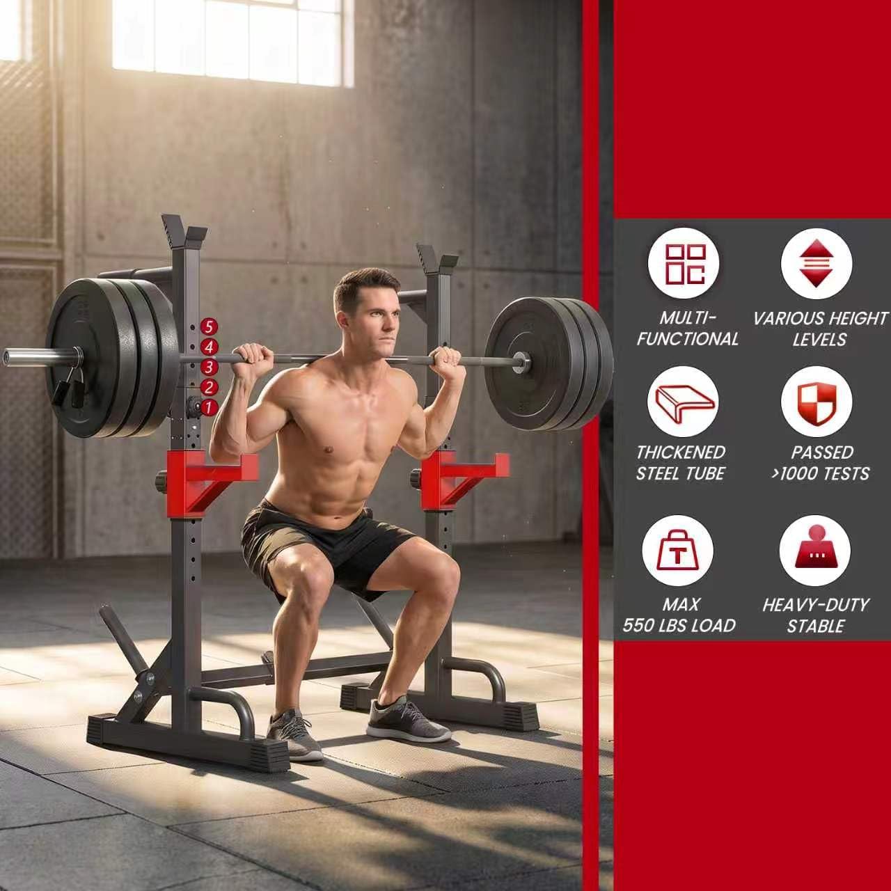 YYJO Adjustable Squat Rack | 550 LBS Heavy Duty, 8 Height & 10 Width Levels, 6-Position Safety Bumper, Home Gym Weight Lifting Stand, Strength Training - Image 6