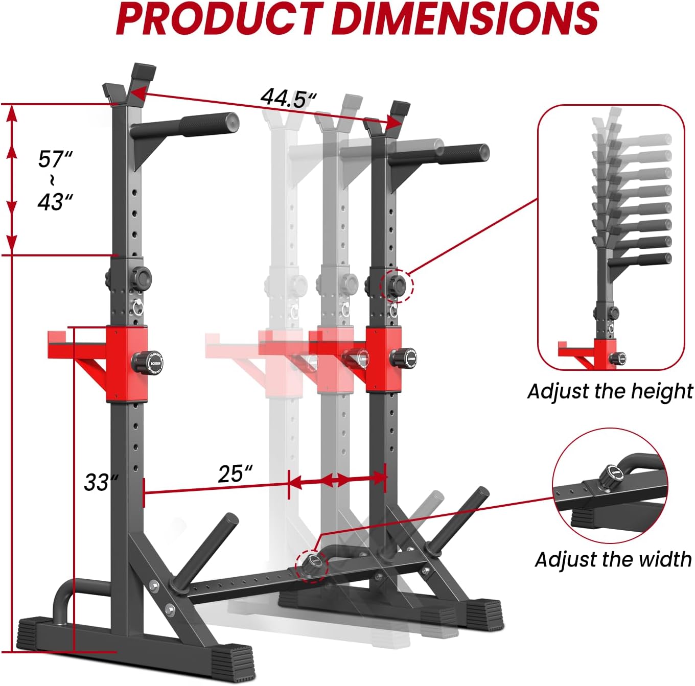 YYJO Adjustable Squat Rack | 550 LBS Heavy Duty, 8 Height & 10 Width Levels, 6-Position Safety Bumper, Home Gym Weight Lifting Stand, Strength Training - Image 5