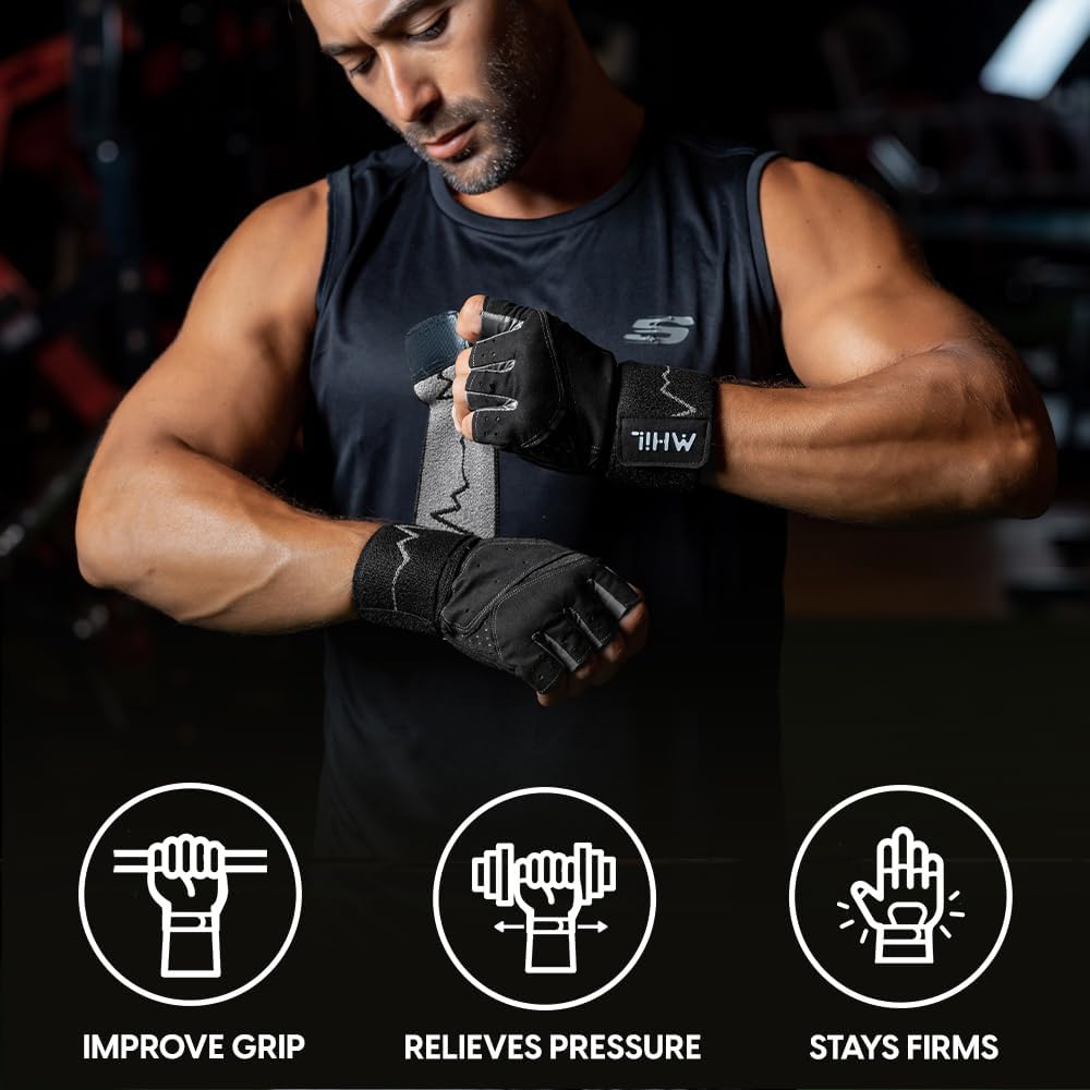 MhIL Workout Gloves for Men โ Comfortable Gym Gloves for Men with Enhanced Grip for Safety and Hand Protection โ Weight Lifting Protection with Wrist Wraps Support for Performance Boost and Style - Image 2