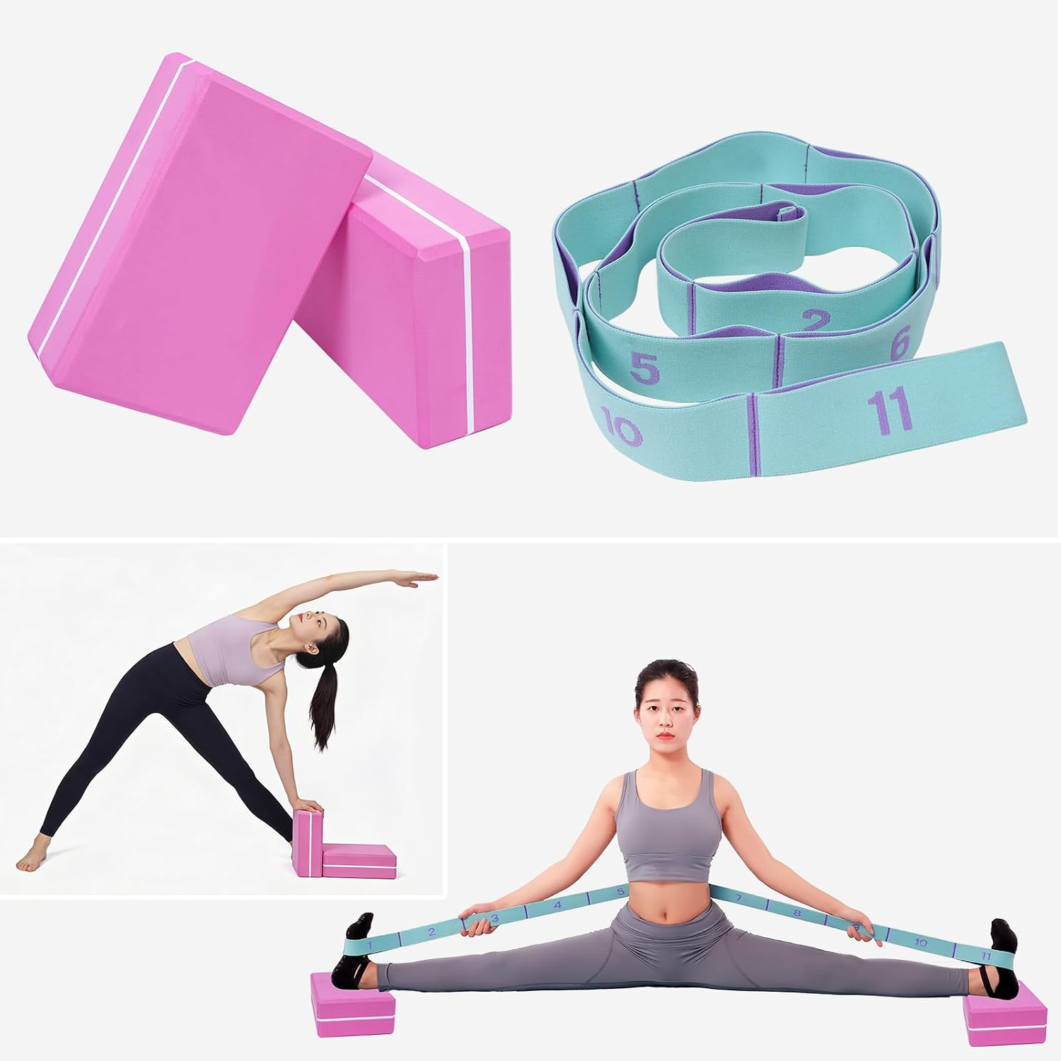 High Density Yoga Blocks 2 Pack with 11 Loops Stretch Band, 350g Non-Slip Foam Exercise Bricks for Pilates & Dance, Pink Gym Accessories with Carry Bag for Flexibility, Balance & Rehab Training - Image 3