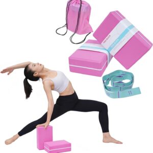 High Density Yoga Blocks 2 Pack with 11 Loops Stretch Band, 350g Non-Slip Foam Exercise Bricks for Pilates & Dance, Pink Gym Accessories with Carry Bag for Flexibility, Balance & Rehab Training
