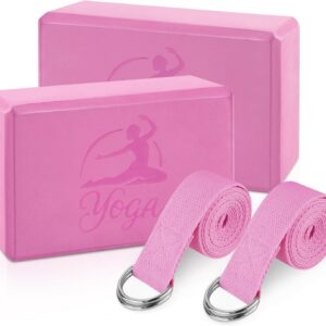 RETON Yoga Blocks Set, High – Density Yoga Block with 2 Strap, Lightweight Foam Brick Yoga Pilates Blocks, Anti-Slip Yoga Brick with Embossed Design for Posture Adjustment and Movement Assistance