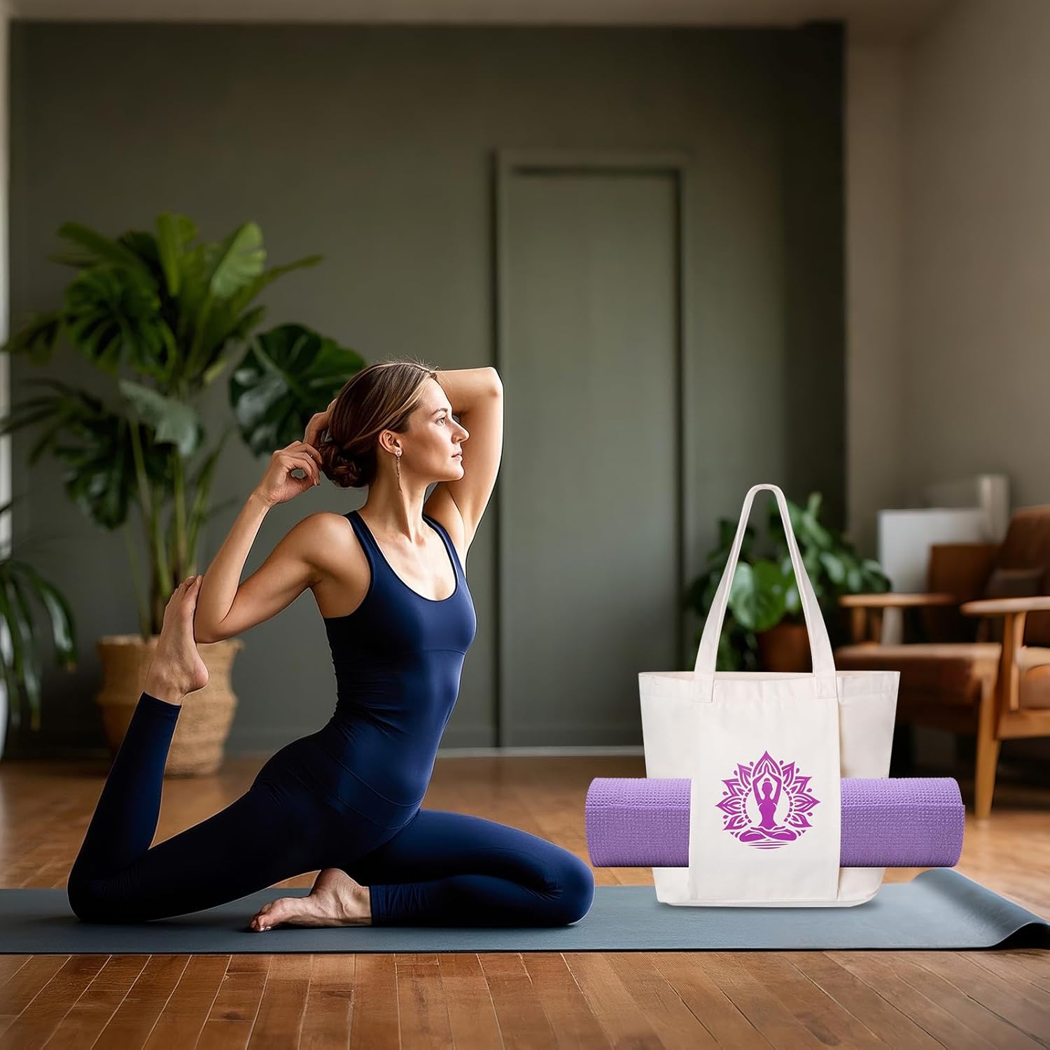 Yoga Mat Bag for Women Canvas Tote Bags with Yoga Mat Carrier Gym Bag for Workout Pilates Travel Beach and Office - Image 6