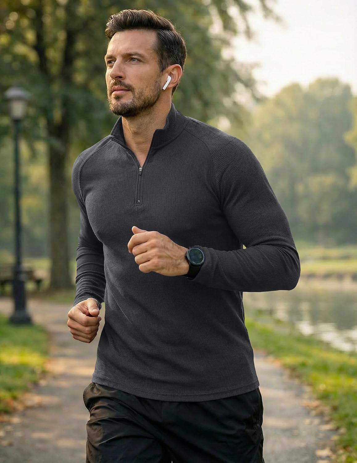 JMIERR Mens Quarter Zip Pullover Slim Fit Ribbed Long Sleeve Athletic Shirt | Textured Knit, Muscle Fit, Gym Tops, Long Sleeve, Workout T Shirt, Lightweight, Breathable, Running Training Activewear - Image 2