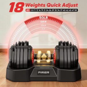 PIRIER Adjustable Dumbbell Set 50LB, 18-in-1 Free Weight Adjustable Dumbbells, One-Hand Twist Adjust, Space-Saving Design, Home Gym Strength Training Equipment for Men & Women