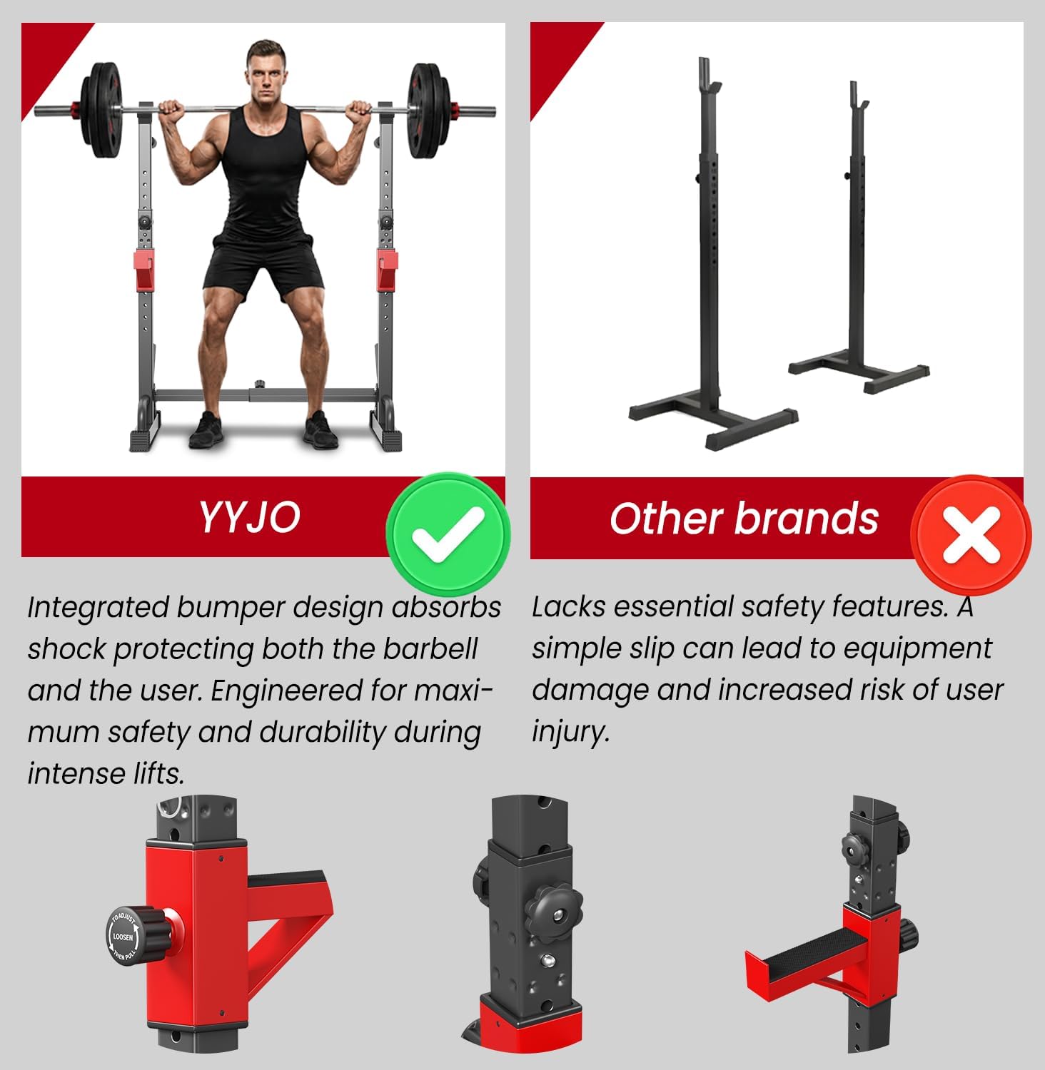YYJO Adjustable Squat Rack | 550 LBS Heavy Duty, 8 Height & 10 Width Levels, 6-Position Safety Bumper, Home Gym Weight Lifting Stand, Strength Training - Image 7