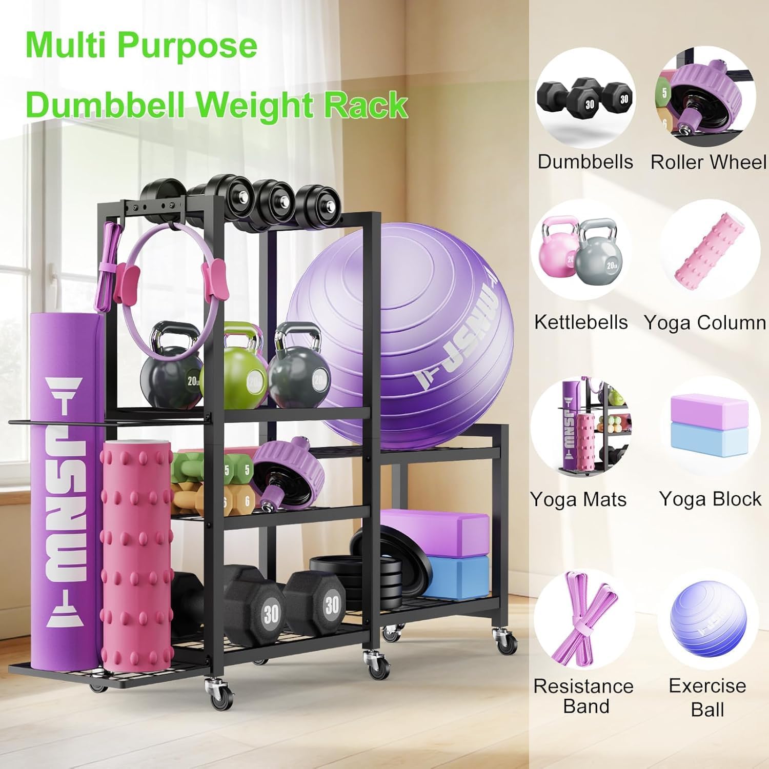 6-Tier Multi-Functional Home Gym Storage Rack with Wheels and Hooks, Adjustable Weight Rack for Dumbbells Kettlebells Yoga Mat and Balls, Space Saving Workout Equipment Storage Organizer - Image 6
