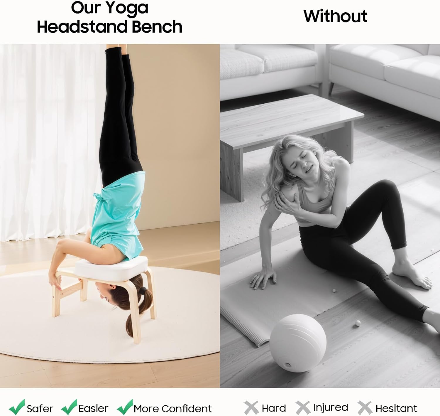 Yoga Headstand Bench with T-Block, Inversion Stool for Headstands Handstands, 440lbs Capacity Wood & PU Yoga Invert Chair for Balance Flexibility Training, Home Gym Equipment for Beginners, White - Image 2