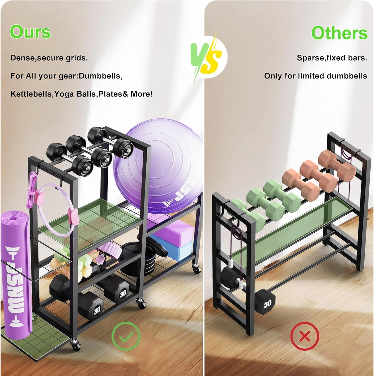 6-Tier Multi-Functional Home Gym Storage Rack with Wheels and Hooks, Adjustable Weight Rack for Dumbbells Kettlebells Yoga Mat and Balls, Space Saving Workout Equipment Storage Organizer - Image 9