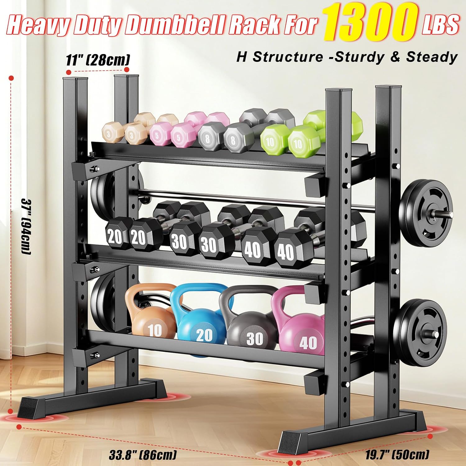 3-Tier Adjustable Dumbbell Rack, Heavy-Duty Weight Rack for Home Gym, Space-Saving Weight Storage Rack for Dumbbells, Kettlebells, Barbells & Plates (Rack Only) - Image 6