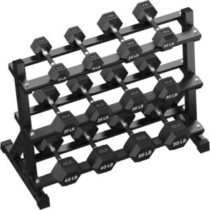 HANDBODE Hex Dumbbell Set with Rack, 350-690 lb, Non-Slip Rubber Grip Handles, Rubber Coated Fixed Weights, Heavy Duty Storage Stand, Hexagon Shape, Multiple Weight Options for Home Gym Strength Training