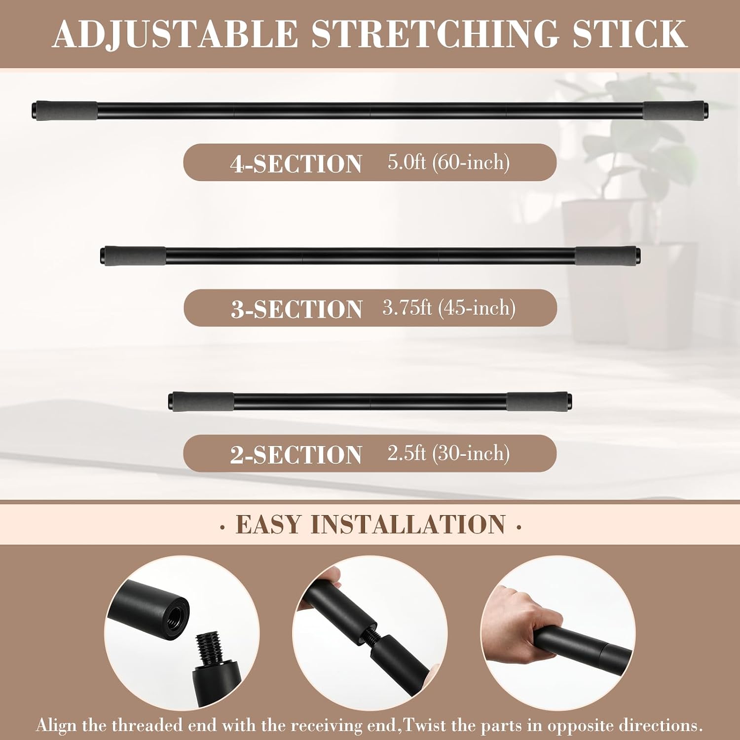 4 Pcs Adjustable Yoga Stick (30/45/60 In) with Exercise Strap Yoga Blocks Exercise Rod Workout Staff 60 Inch Sturdy Carbon Steel Stretching Stick with Non Slip Ends for Physical Pilates - Image 3