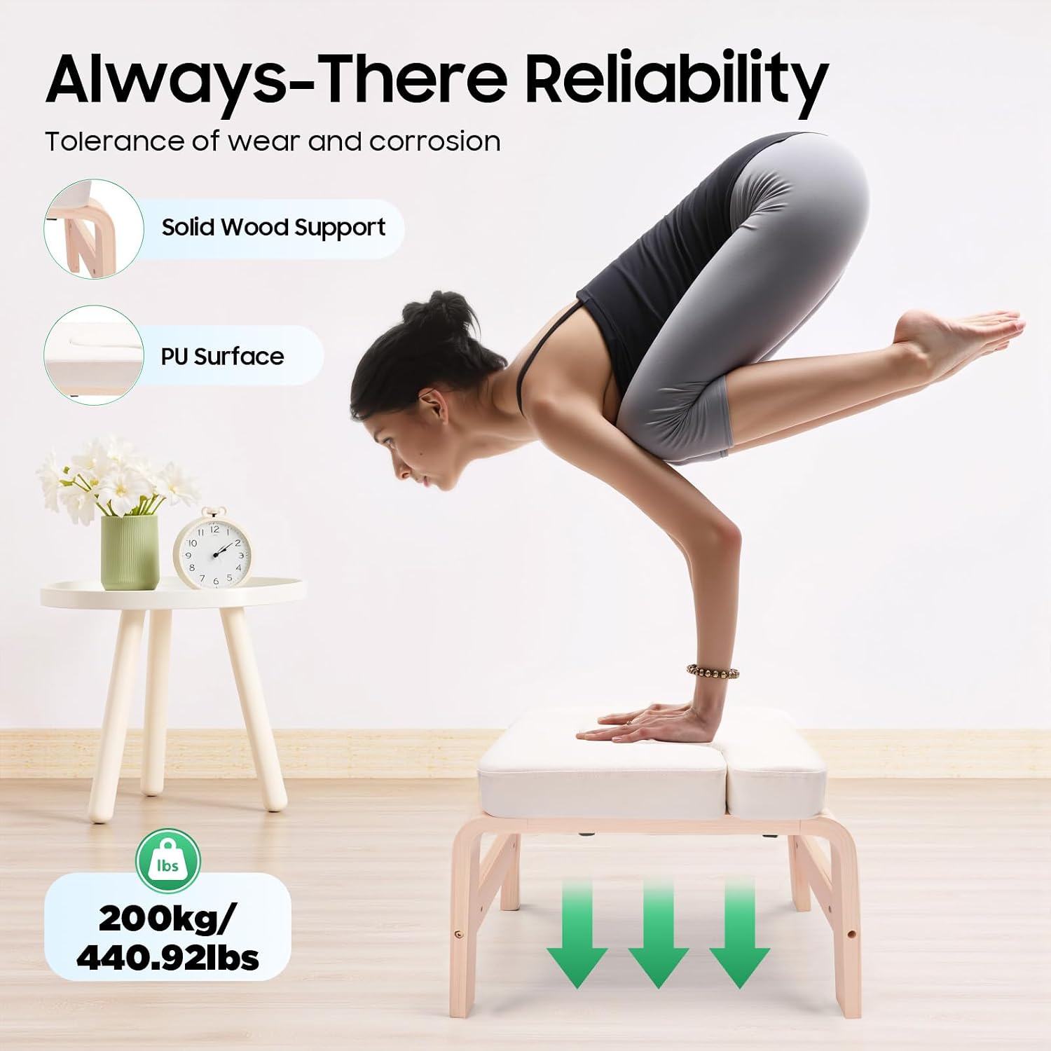Yoga Headstand Bench with T-Block, Inversion Stool for Headstands Handstands, 440lbs Capacity Wood & PU Yoga Invert Chair for Balance Flexibility Training, Home Gym Equipment for Beginners, White - Image 4