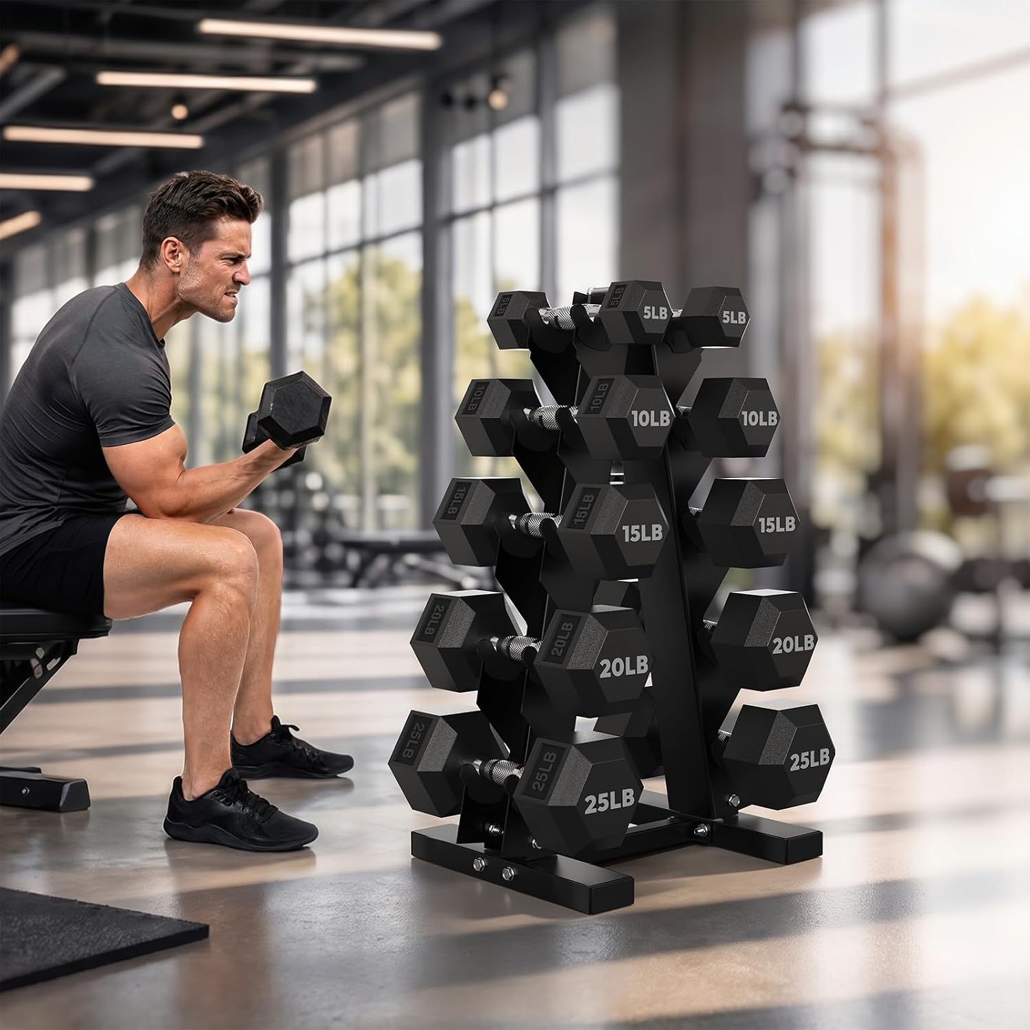 HANDBODE Rubber Coated Hex Dumbbell Set with A-Frame Rack, 100 lb - 600 lb Multiple Options Weight, Hexagon Non-Rolling Shape, Ergonomic Knurled Handle, Home Gym Equipment for Strength Training