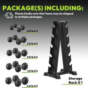 HANDBODE Rubber Coated Hex Dumbbell Set with A-Frame Rack, 100 lb – 600 lb Multiple Options Weight, Hexagon Non-Rolling Shape, Ergonomic Knurled Handle, Home Gym Equipment for Strength Training
