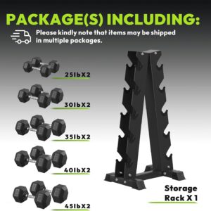 HANDBODE Rubber Coated Hex Dumbbell Set with A-Frame Rack, 100 lb – 600 lb Multiple Options Weight, Hexagon Non-Rolling Shape, Ergonomic Knurled Handle, Home Gym Equipment for Strength Training