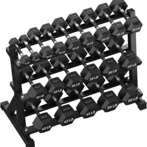 HANDBODE Hex Dumbbell Set with Rack, 350-690 lb, Non-Slip Rubber Grip Handles, Rubber Coated Fixed Weights, Heavy Duty Storage Stand, Hexagon Shape, Multiple Weight Options for Home Gym Strength Training