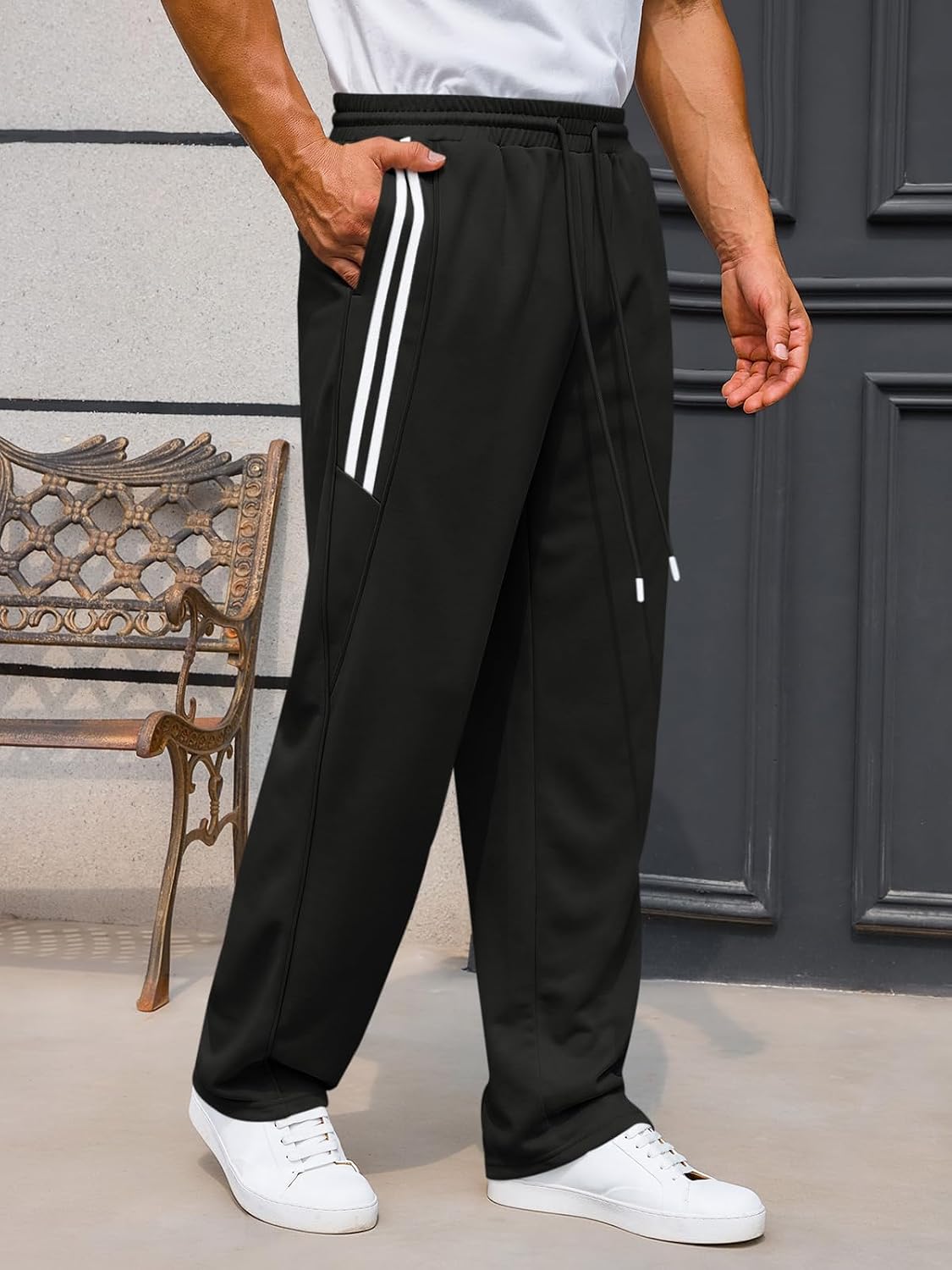 Runcati Mens Baggy Sweatpants Wide Leg Open Bottom Drawstring Elastic Waist Striped Trousers Workout Y2K Track Pants - Image 4