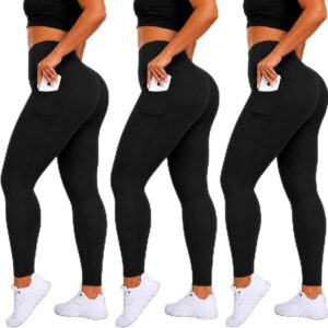 HLTPRO 3 Pack Plus Size Leggings with Pockets for Women – Black High Waisted Tummy Control Soft Yoga Pants for Gym Workout