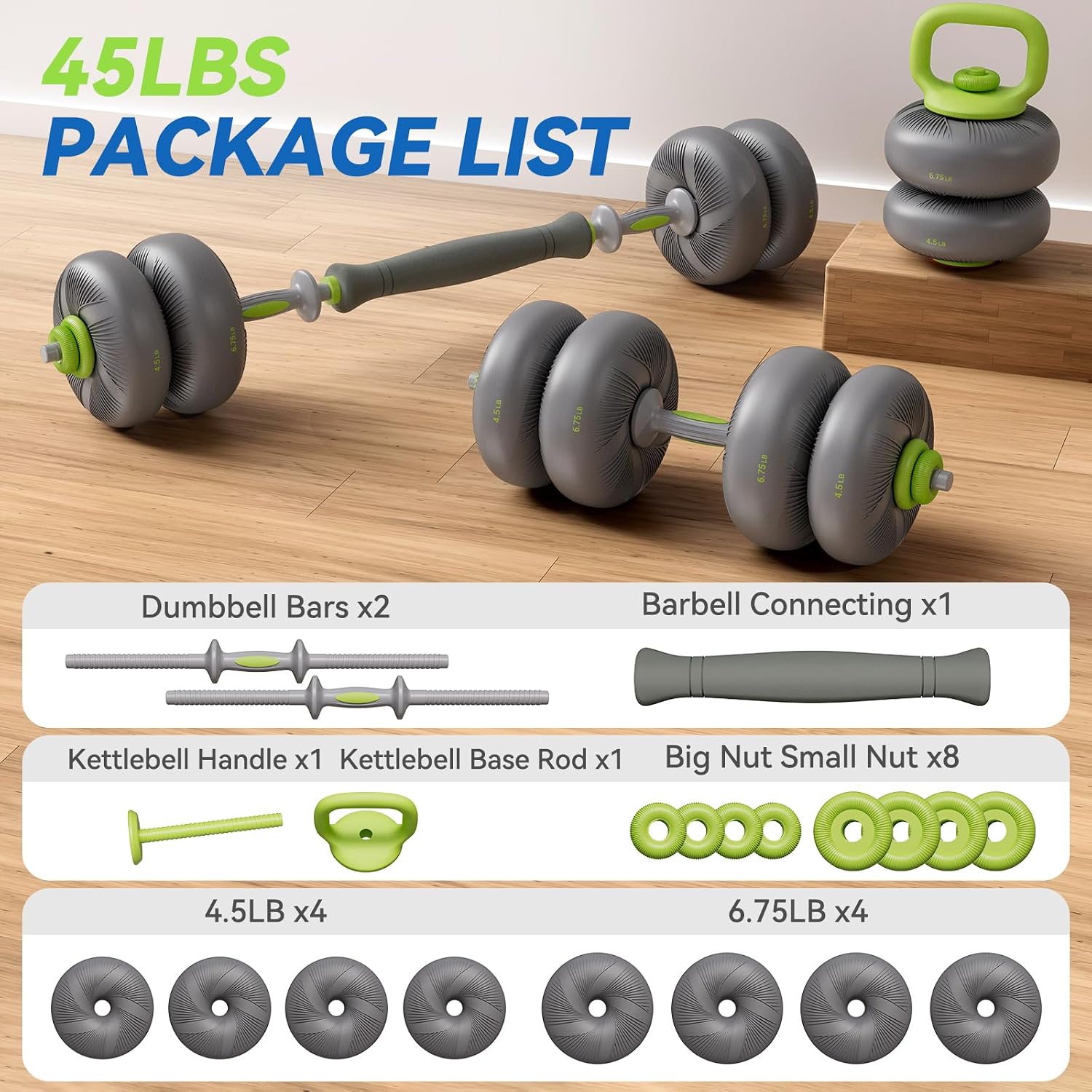 LIFERUN Adjustable Dumbbell Set, Soft PVC Coated, 45lbs/67lbs Free Weight Set Home Gym, 4-in-1 Used As Barbell, Dumbbells, Kettlebell, Weight Plates, Weights Dumbbells Set, Space Saving Fitness Exercise For Men/Women - Image 9