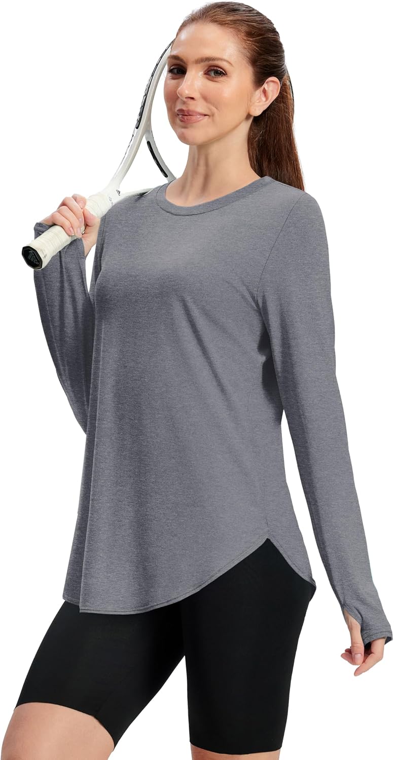 NIASHOT Workout Tops for Women Crewneck Long Sleeve Shirts with Thumb Holes UPF 50+ Sun Shirts for Hiking Running Gym Clothes - Image 3
