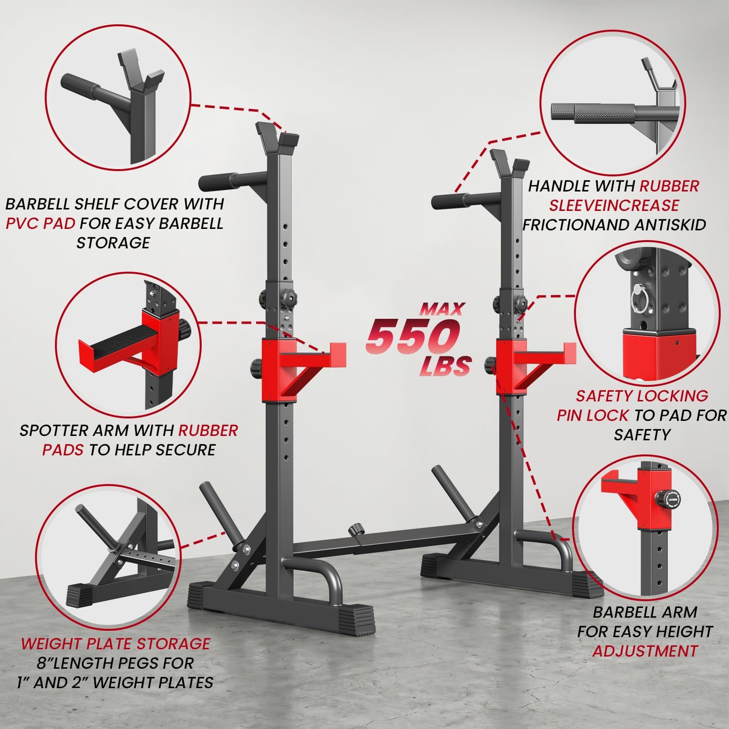 YYJO Adjustable Squat Rack | 550 LBS Heavy Duty, 8 Height & 10 Width Levels, 6-Position Safety Bumper, Home Gym Weight Lifting Stand, Strength Training - Image 3