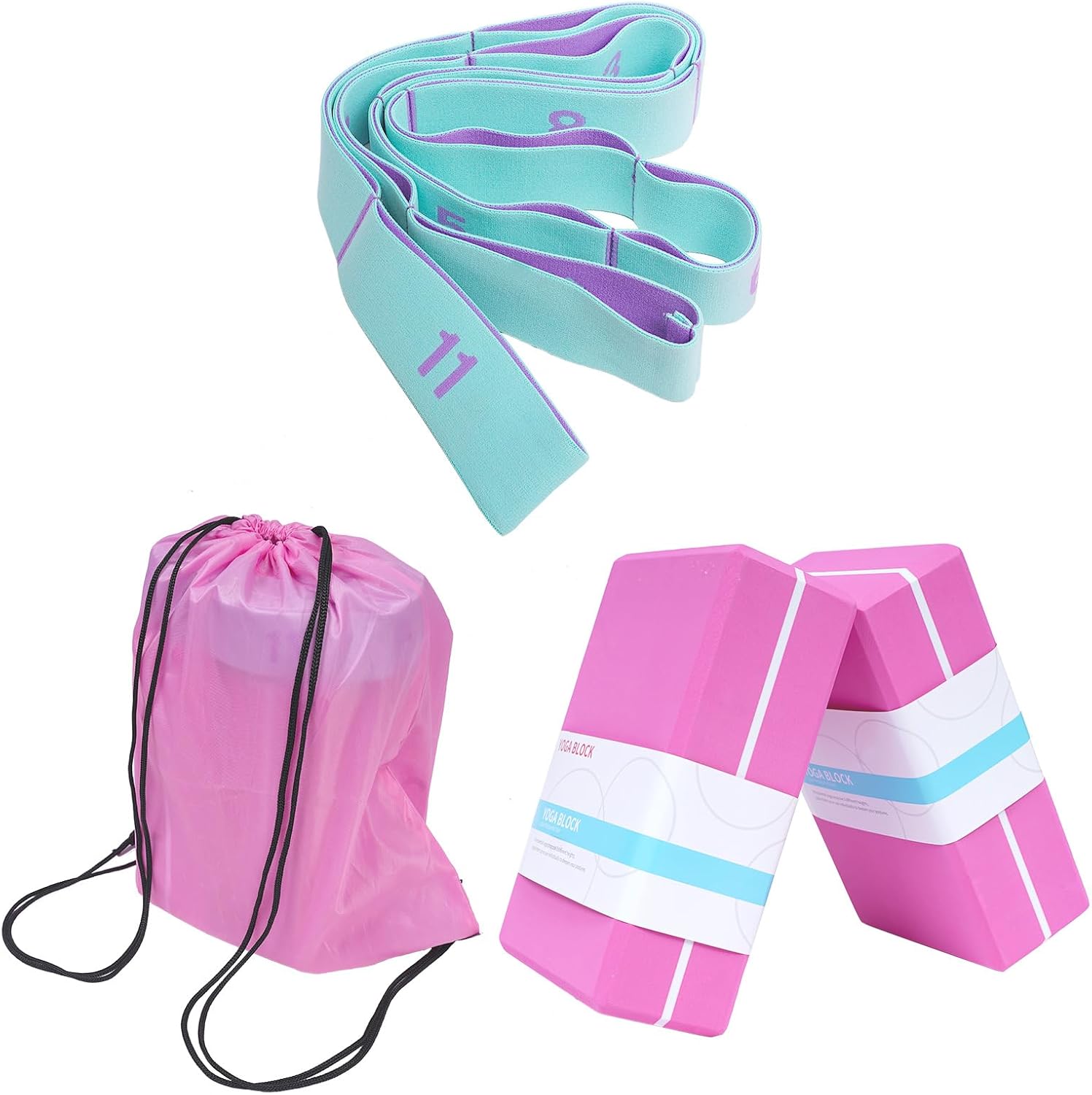High Density Yoga Blocks 2 Pack with 11 Loops Stretch Band, 350g Non-Slip Foam Exercise Bricks for Pilates & Dance, Pink Gym Accessories with Carry Bag for Flexibility, Balance & Rehab Training - Image 7