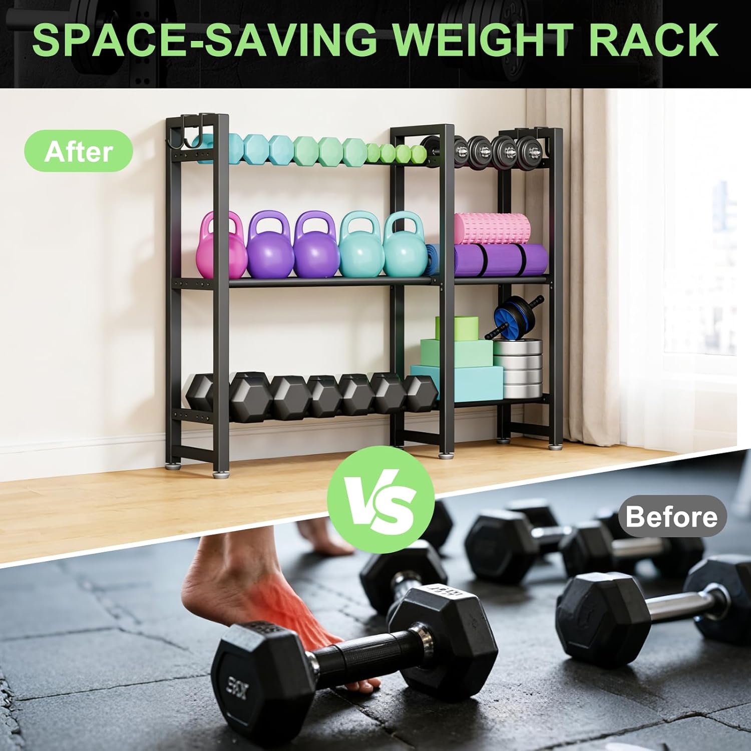800LBS Capacity Multifunctional Home Gym Storage Rack with Side Hooks, Heavy Duty Adjustable Weight Storage Rack for Dumbbells Kettlebells Yoga Mat, Space Saving Workout Equipment Storage Organizer - Image 8