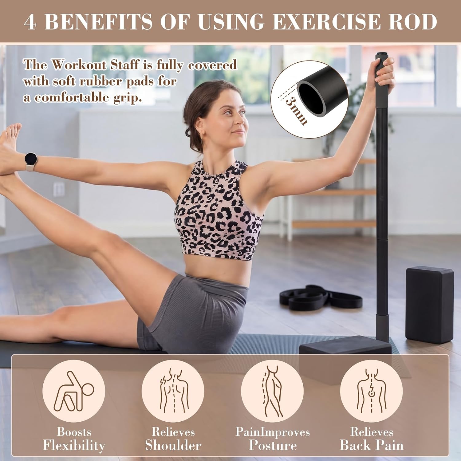 4 Pcs Adjustable Yoga Stick (30/45/60 In) with Exercise Strap Yoga Blocks Exercise Rod Workout Staff 60 Inch Sturdy Carbon Steel Stretching Stick with Non Slip Ends for Physical Pilates - Image 6