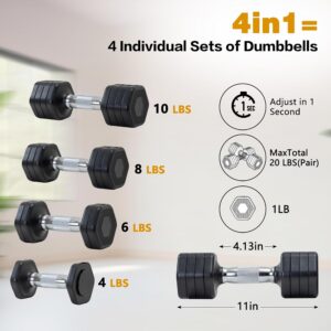 Adjustable Dumbbell Set of 2 Total 20 Lbs 4-in-1 Each 4lb 6lb 8lb 10lb 1s-Adjust Dual-Stable Free Weights for Women Men Home Gym Outdoor Workouts